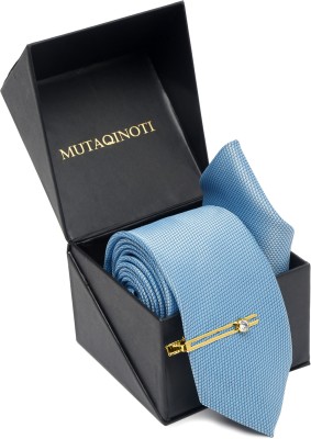 MUTAQINOTI Light Blue Italian Style Silk Necktie Set With Pocket Square & Gold Tie Pin Graphic Print Tie