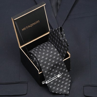 MUTAQINOTI Brown Ethic Italian Style Silk Necktie With Pocket Square Chorme Tie Pin Woven Tie