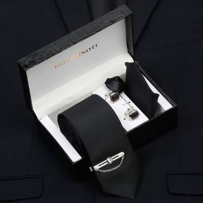 MUTAQINOTI Silk Cufflink & Tie Pin Set(Black)