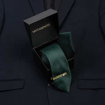 MUTAQINOTI Dotted Green Italian Style Silk Necktie Set With Pocket Square & Gold Tie Pin Polka Print Tie