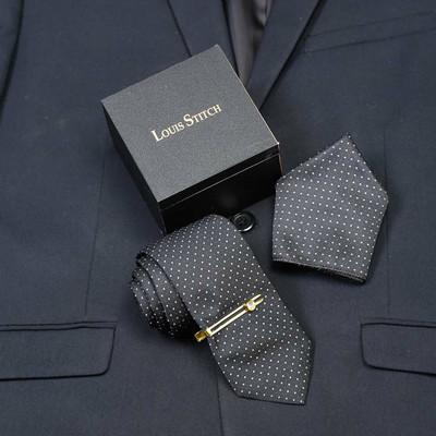 LOUIS STITCH Silk Cufflink & Tie Pin Set(Black)