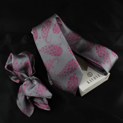 Kovove Gray Floral Neck Tie and Pocket Square Gift Box Floral Print Tie(Pack of 2)