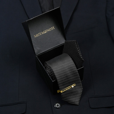 MUTAQINOTI Polka Black Italian Style Silk Necktie Set With Pocket Square & Gold Tie Pin Polka Print Tie