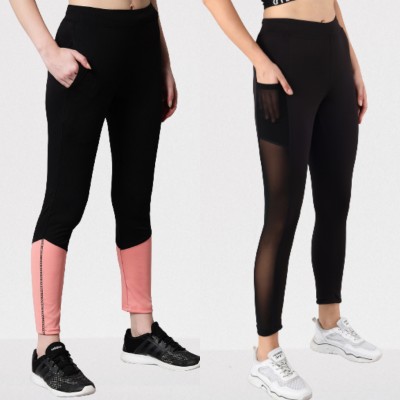 BEING RUNNER Color Block Women Black Tights