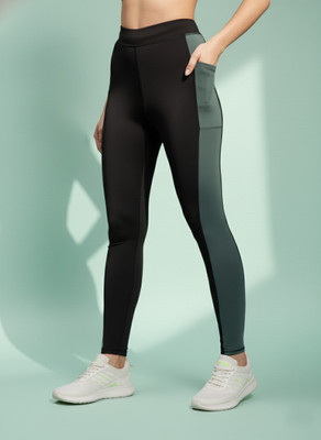 BLINKIN Color Block Women Black, Dark Green Tights