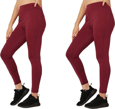 FEEL TIME Solid Women Maroon Tights