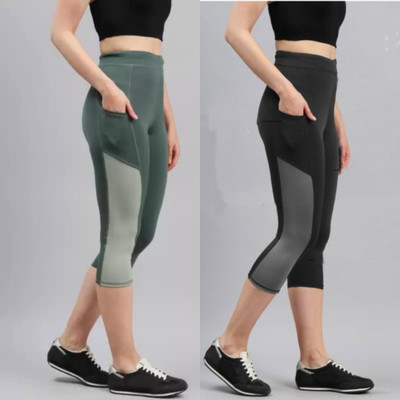 Earth joy Solid, Color Block Women Green, Black Tights