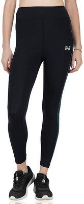 NINQ Self Design Women Black, Green Tights