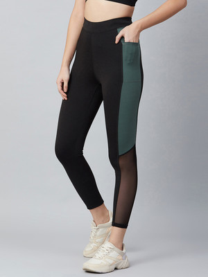 BLINKIN Color Block Women Black, Dark Green Tights