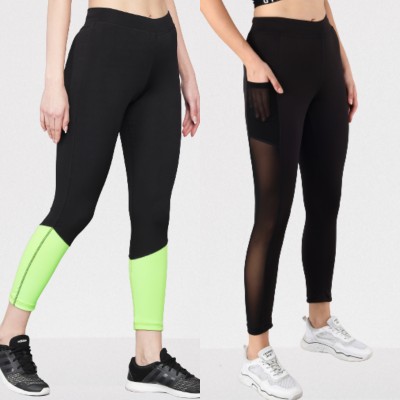 BEING RUNNER Color Block Women Black Tights