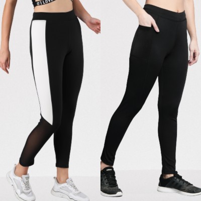 BEING RUNNER Color Block Women Black Tights