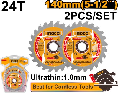 INGCO 2 Pcs Ultra-thin TCT Saw Blades, 140mm 24T Suitable for Lithium-ion Circular Saw Handheld Tile Cutter(0 W)