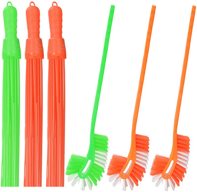 AFactory Toilet Brush and Kharata Broom Combo - Pack of 3 with Holder(Multicolor)