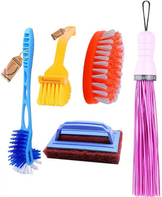 Mohprit Plastic Broom Toilet Brush and Bathroom Scrubber Brush Set of 5(Multicolor)