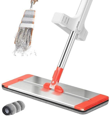 Satguru Flat Microfiber Mop for Floor Cleaning Self Wringing Stainless Steel Handle with Holder(Orange)
