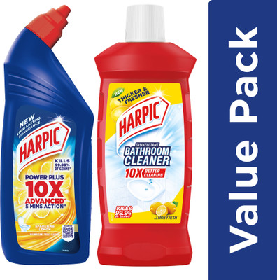 Harpic Power Plus Toilet Cleaner Lemon 1L + Bathroom Cleaner Lemon 1L Lemon Liquid Toilet Cleaner(2 x 1 L)