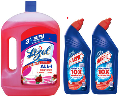 Lizol Disinfectant Surface Cleaner Floral 2L and Harpic Power Plus (1L x2) Original Liquid Toilet Cleaner(3 x 1.33 L)