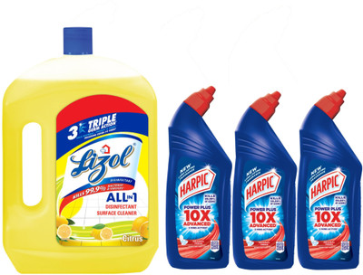 Lizol Disinfectant Surface Cleaner Citrus 2L and Harpic Power Plus (1L x3) Original Liquid Toilet Cleaner(4 x 1.25 L)