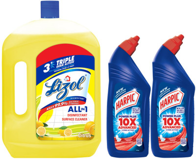 Lizol Disinfectant Surface Cleaner Citrus 2L and Harpic Power Plus (1L x2) Original Liquid Toilet Cleaner(3 x 1.33 L)