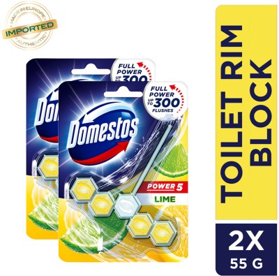 Domestos Power 5 Toilet Cleaner Rim Block, Lime Scent, Clean Toilet After Every Flush Lemon Rim Block(2 x 55 g)