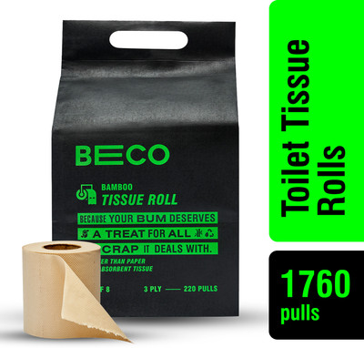Beco Bamboo Toilet Paper Roll | 220 Pulls X 8 Rolls|Chemical Free, Soft & Absorbent Toilet Paper Roll(3 Ply, 220 Sheets)