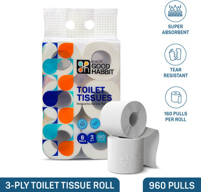 IMECO Good Habbit Toilet Tissue 960 Pulls | 6 Rolls Pack | 100% Cellulose Fibre | Toilet Paper Roll(3 Ply, 160 Sheets)