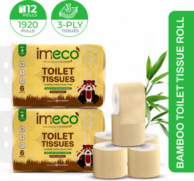 IMECO Bamboo Toilet Tissue 1920 Pulls | 12 Rolls Pack | Unbleached, Soft & Absorbent | Toilet Paper Roll(3 Ply, 160 Sheets)