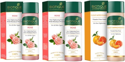 BIOTIQUE Toner 120ml Each - Rose 2pcs & Clear Improvement Vitamin C ( Pack of 3) Men & Women(360 ml)