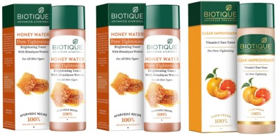 BIOTIQUE Toner 120ml Each - Honey Water 2pcs & Clear Imp. Vitamin C ( Pack of 3) Men & Women(360 ml)