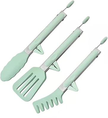 PLENARO Set of 3 Green Stainless Steel Silicone Tip Tongs for BBQ & Cooking 25 cm Utility Tong Set(Pack of 3)
