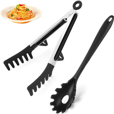 MAYCREATE Silicone Spaghetti Spoon Pasta Fork and Noodle Tong Set Silicone Spaghetti Spoon and Pasta Tong Set Sturdy Pasta Fork Noodle Server 29 cm Spaghetti Tong Set(Pack of 2)