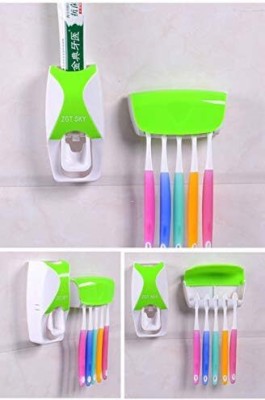 NKB TRADERS Automatic Manual One Touch Toothpaste Squeezing Dispenser Pump Holder Stand Plastic Toothbrush Holder(Multicolor, Wall Mount)