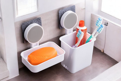 Triveni Wall Mounted Toothbrush Holder & Soap Dish Combo Plastic Toothbrush Holder(White, Wall Mount)