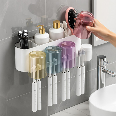 FLASHKITCH Wall Mounted Toothbrush Holder Modern Plastic Storage Rack|Multi-Slot Organizer Plastic Toothbrush Holder(Multicolor, Wall Mount)