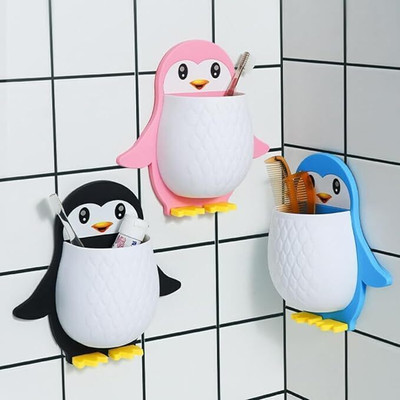 M Y Wall Mounted Penguin Design Toothpaste Holder, Remote and Mobile Stand Plastic Toothbrush Holder(Multicolor, Wall Mount)