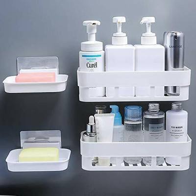 KYASO Pack of 4 Wall Mount Bathroom Shelf and Soap Rack for Home and Kitchen. Adhesive Sticker Support Without Drilling. (2 Bathroom Shelf + 2 Soap Dish, White Color)(White)