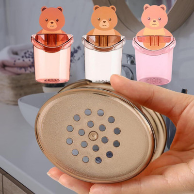 Shreejee Pack of 2 Adhesive Wall Mounted Multipurpose Teddy Bear Toothbrush Holder X2.35 Plastic Toothbrush Holder(Multicolor, Wall Mount)