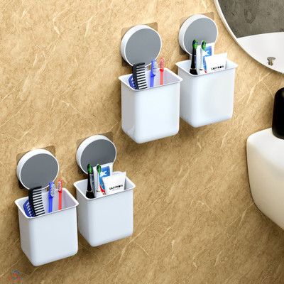 Heart Home Set of 4 Plastic Self-Adhesive Toothpaste Holder | White Plastic Toothbrush Holder(White, Wall Mount)