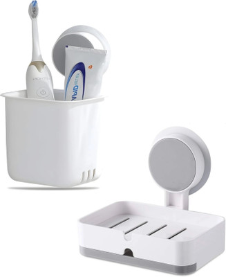 FLASHKITCH Premium Bathroom Combo|Toothbrush Holder & Soapbar Holder Plastic Toothbrush Holder(White, Wall Mount)