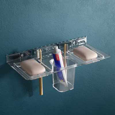 GRIVAN Modern toothbrush holder with tumbler and soap dish/tray/stand for bathroom Acrylic Toothbrush Holder(Clear, Wall Mount)