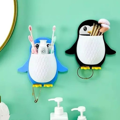 Rudrisha Penguin Toothbrush Holder/Brush Stand/Pen Holder/Kitchen/Bedroom Plastic Toothbrush Holder(Multicolor, Wall Mount)