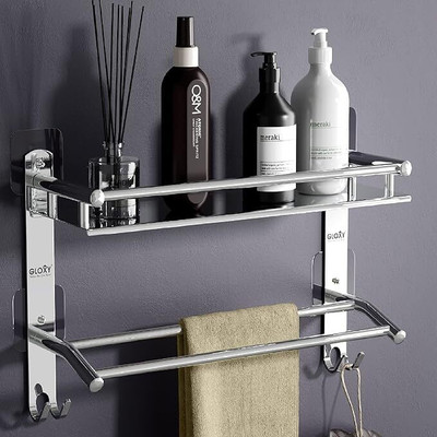 GLOXY 2 Layer Shelf Adhesive Bathroom Rack Shelf with Double Towel and Loofa Holder(Silver)