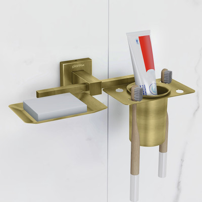 Plantex Aqua Soap Dish with Tumbler Holder/Soap Stand/Soap Case with Toothbrush Holder Stainless Steel Toothbrush Holder(Gold, Wall Mount)