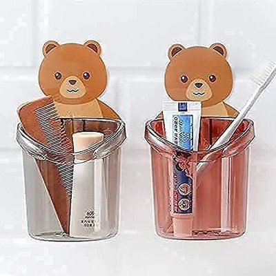 WebDealz Pack of 1 Teddy Toothbrush Holder with Adhesive Sticker Unique Design x1.1315 Plastic Toothbrush Holder(Multicolor, Wall Mount)
