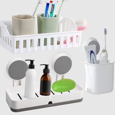 FLASHKITCH Premium Bathroom Combo|Toothbrush Holder & Soapbar Holder Wall Shelf Plastic Toothbrush Holder(White, Wall Mount)