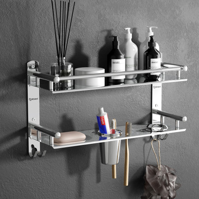 GRIVAN 2-Layer Multipurpose Bathroom Rack With Dual Soap Holder, Tumbler & Hooks Stainless Steel Toothbrush Holder(Silver, Wall Mount)