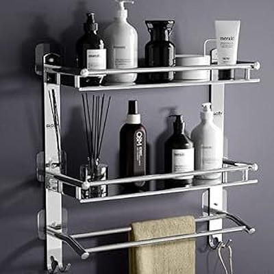 GLOXY Magic Sticker Shelf Adhesive Anti Rust 3 Layer Bathroom Shelf with Towel Holder Stainless Steel Toothbrush Holder(Silver, Wall Mount)