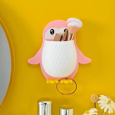 Millionminds Penguin Shape Toothbrush Holder Plastic Stand Waterproof Self-Adhesive,Pack of 1 Plastic Toothbrush Holder(Pink, Wall Mount)