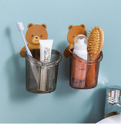 Shreejee Pack of 2 Adhesive Wall Mounted Multipurpose Teddy Bear Toothbrush Holder X2.50 Plastic Toothbrush Holder(Black, Brown, Wall Mount)