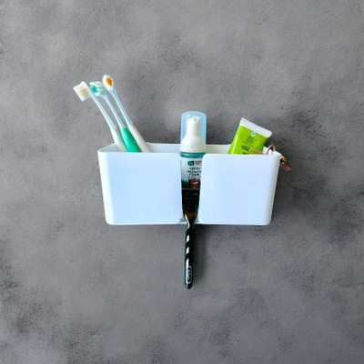 Rudrisha Twin Toothbrush holder Plastic Toothbrush Holder(White, Wall Mount)